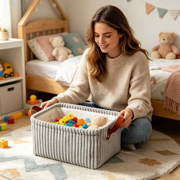 Linnome Corduroy Storage Basket with Leather Handles Soft Fabric Organizer Bin for Home Storage Playthings and Clothes 14.2x10.24x6.3 Inch