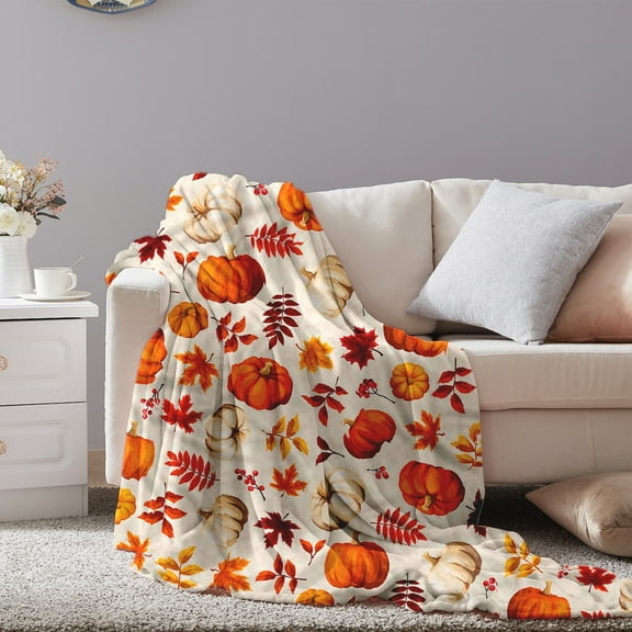 Linnome Cozy Fall Harvest Pumpkin Print Throw Blanket - Lightweight, Soft & Warm Autumn Thanksgiving Decor in Orange, Yellow, and Cream Colors for Couch, Bed, and Seasonal Home Decor (27"x39")
