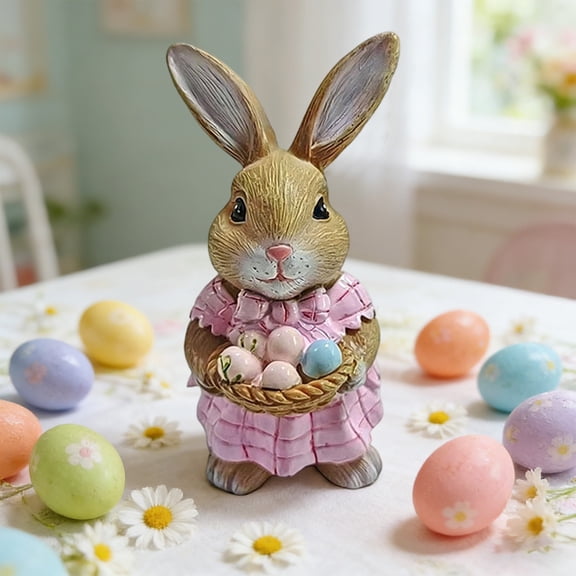 Linnome Cute Bunny Resin Figurine Vintage Farmhouse Style Decor Ornament for Shelf Bookshelf Living Room Bedroom Spring Gift 5.7x3.9x3.3in