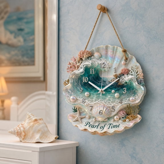 Linnome Decorative Pearl of Time Shell Wall Clock Silent Non-Ticking - Beach Themed Hanging Clock with Rope - Nautical Ocean Coastal Wooden Wall Clock for Bathroom Bedroom Home Decor