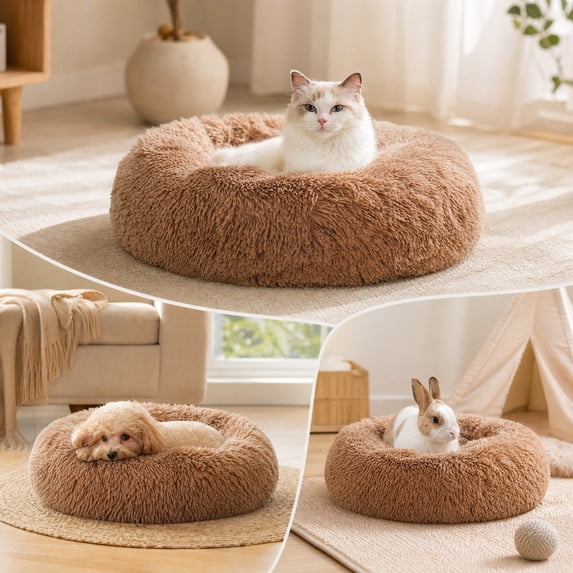 Linnome Deep Sleep Round Fleece Pet Bed 38cm Diameter for Small Pets,All Seasons Warm Long Plush Cloud Dog Cat Bed with Non-Slip Bottom,Cozy Raised Rim Pet Nest for Cats Small Dogs Bunnys