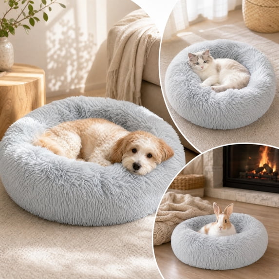 Linnome Deep Sleep Round Fleece Pet Bed 38cm Diameter for Small Pets,All Seasons Warm Long Plush Cloud Dog Cat Bed with Non-Slip Bottom,Cozy Raised Rim Pet Nest for Cats Small Dogs Bunnys
