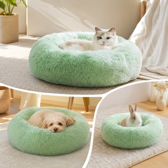 Linnome Deep Sleep Round Fleece Pet Bed 38cm Diameter for Small Pets,All Seasons Warm Long Plush Cloud Dog Cat Bed with Non-Slip Bottom,Cozy Raised Rim Pet Nest for Cats Small Dogs Bunnys