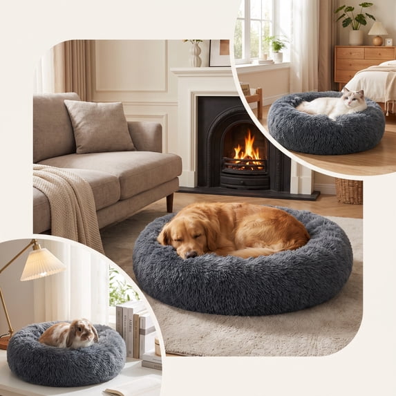 Linnome Deep Sleep Round Fleece Pet Bed 38cm Diameter for Small Pets,All Seasons Warm Long Plush Cloud Dog Cat Bed with Non-Slip Bottom,Cozy Raised Rim Pet Nest for Cats Small Dogs Bunnys