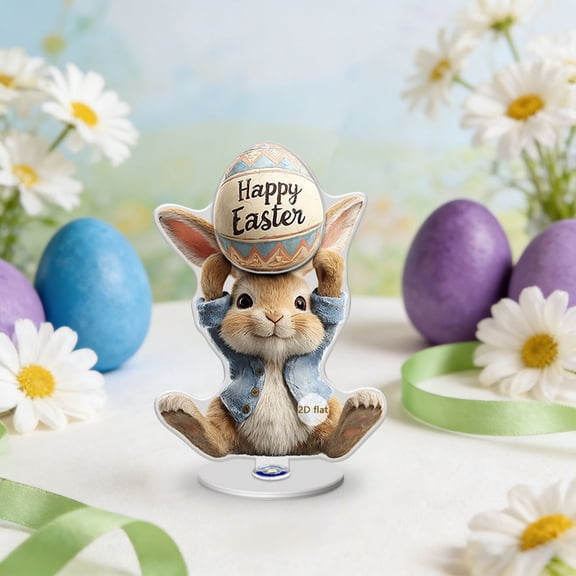 Linnome Easter 2D Bunny Egg Rotating Base Acrylic Decor Ornaments Spring Holiday Home Tabletop Desktop Festive Decor