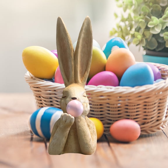 Linnome Easter Bunny Figurine Egg Holding Bubble Blowing Themed Ornament for Home Tabletop Spring Holiday Decoration Display