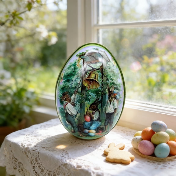 Linnome Easter Bunny Tin Box Egg Shaped Storage Case Home Table Vanity Easter Festive Jewelry Candy Organizer Sturdy Reusable Decor