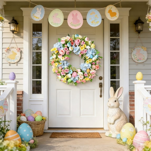 Linnome Easter Daisy Flower Wreath White Spring Floral Wreath With Colorful Eggs For Front Door Garden Wall Decoration Home Decor