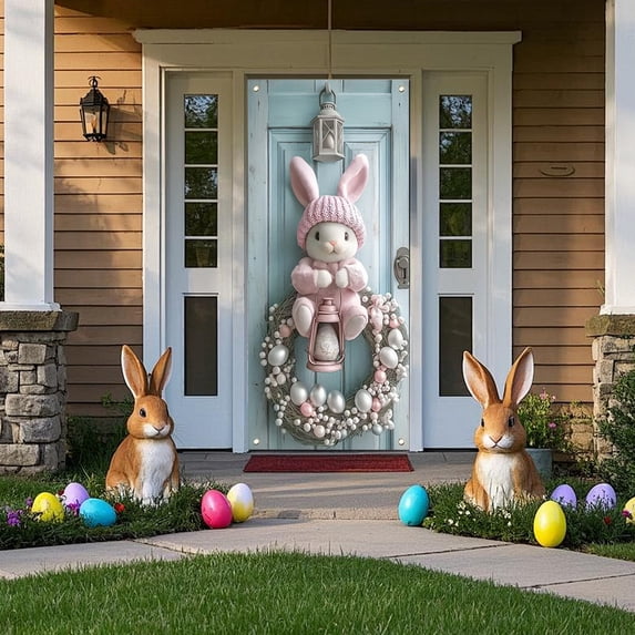 Linnome Easter Door Curtain with Egg and Bunny Pattern Spring Holiday Decor Backdrop for Home Entryway Party Photo Booth Decoration