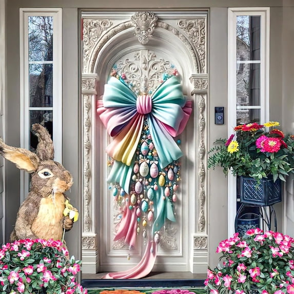 Linnome Easter Door Curtain with Egg and Bunny Pattern Spring Holiday Decor Backdrop for Home Entryway Party Photo Booth Decoration