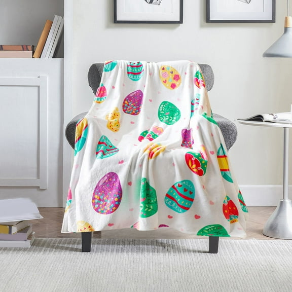 Linnome Easter Flannel Throw Blanket Bunny Egg Pattern Soft Blanket for Sofa Couch Bed Home Spring Holiday Decor