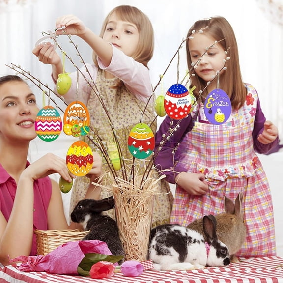 Linnome Easter Natural Wood Slices DIY Painting Hollow Egg Pendant 30Pcs Egg With 12Pcs Markers
