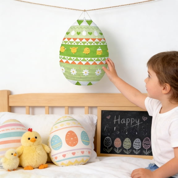 Linnome Easter Paper Lantern Bunny Chick Egg Pattern Hanging Lantern Ornament for Party Home Ceiling Easter Festival Decor