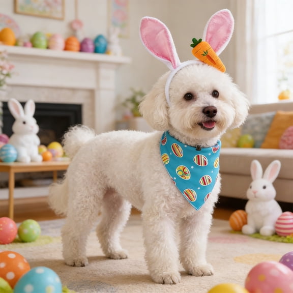 Linnome Easter Pet 2PCS Set Scarf & Bunny Headband Printed Egg Dog Bandana for Cat Dog Easter Party Dress Up