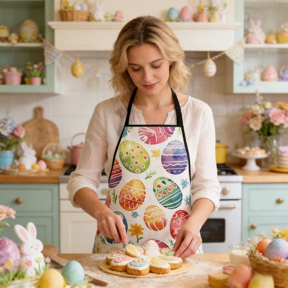 Linnome Easter Theme Apron Bunny Egg Print Decor Apron for Kitchen Cooking Party Festival Home Supply