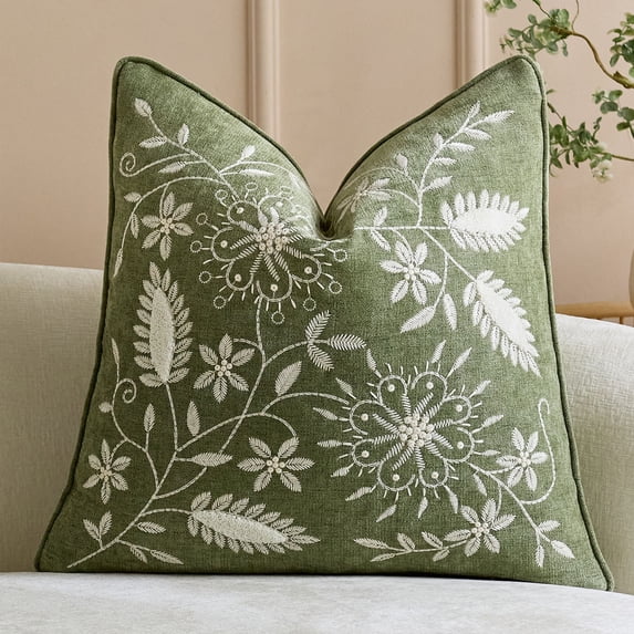 Linnome Embroidered Floral Pillow Cover 18x18 Inch Cotton Blend Cushion Case for Sofa and Bed