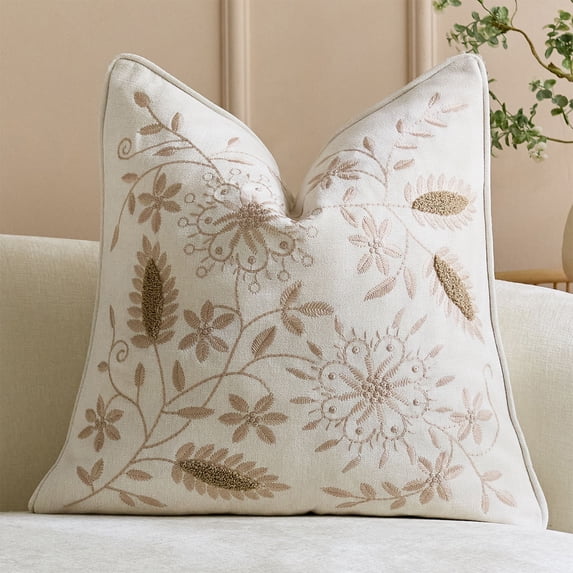 Linnome Embroidered Floral Pillow Cover 18x18 Inch Cotton Blend Cushion Case for Sofa and Bed