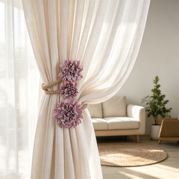 Linnome Faux Flower Jute Rope Curtain Tieback Handmade Bendable Fabric Flower Drape Holdback No Drill Decor for Living Room and Bedroom Boho Farmhouse Style 15.75x3.15in