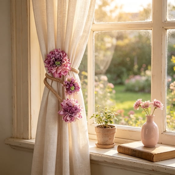 Linnome Faux Flower Jute Rope Curtain Tieback Handmade Bendable Fabric Flower Drape Holdback No Drill Decor for Living Room and Bedroom Boho Farmhouse Style 15.75x3.15in