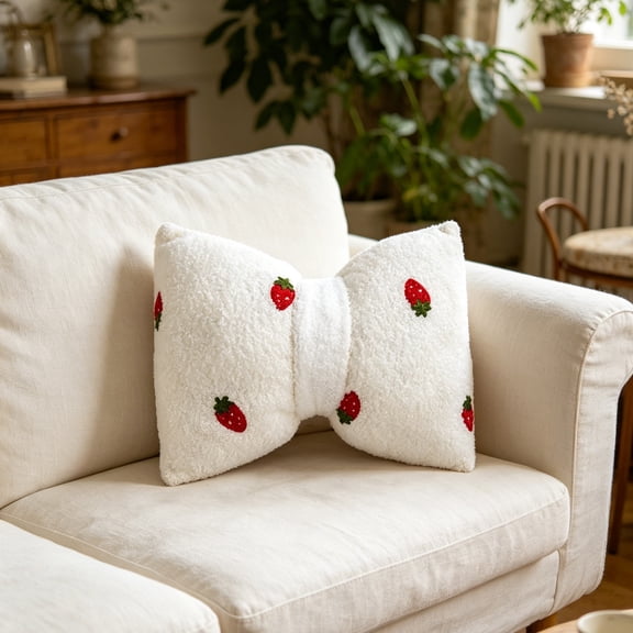 Linnome Fleece Embroidered Bow Irregular Shape Throw Pillow with Insert Cute Modern Soft for Bedroom Sofa 12x16 Inch