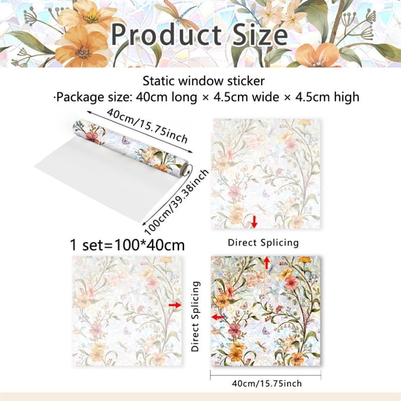 Linnome Floral Patterned Window Film Privacy Sun Shielding Electrostatic Glass Sticker for Home Bathroom