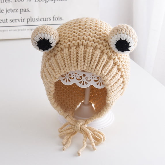 Linnome Frogs Eye Autumns/Winter Warm Knitted Hat Adjustable Knitted Outdoor Beanie Cap Adult Cute Beanie Crochet Knitted Hat Big Eye Frog Winter Ear Warmer Protective Beanie Hats Caps Outdoors