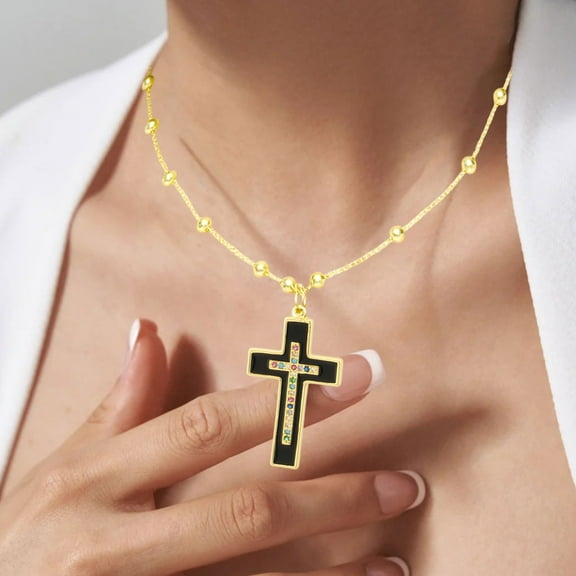 Linnome Gold Plated Copper Cross Necklace, Vibrant Drip Paint Design with Crystal Detail, Unisex Couple's Jewelry Gift, Modern Religious Accessory