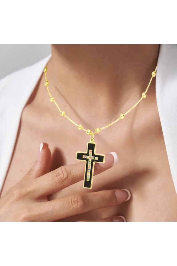 Gold Plated Copper Cross Necklace, Vibrant Drip Paint Design with Crystal Detail, Unisex Couple's Jewelry Gift, Modern Religious Accessory