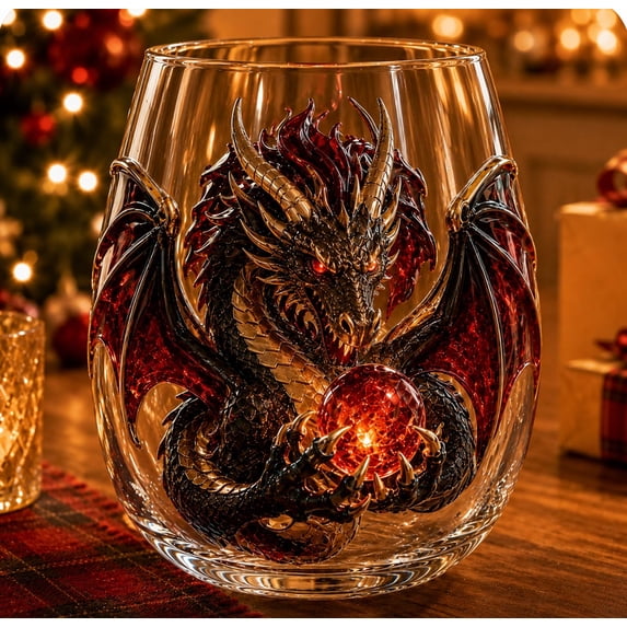 Linnome Gothic Stemless Wine Glass Dragon Crystal Ball Clear Cup - Unique Fantasy Dragon Themed Drinking Glass for Wine Cocktails - Decorative Bar Glass for Home Bar Party Holiday Gift