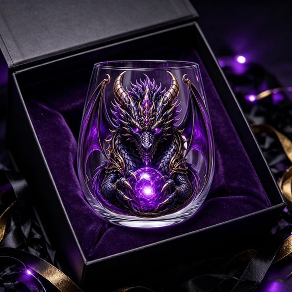 Linnome Gothic Stemless Wine Glass Dragon Crystal Ball Clear Cup - Unique Fantasy Dragon Themed Drinking Glass for Wine Cocktails - Decorative Bar Glass for Home Bar Party Holiday Gift