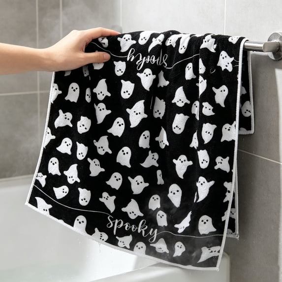 Linnome Halloween Hand Towel Absorbent Kitchen Towel Ghost Letter Striped Print for Sink Counter Bathroom Fall Home Decor Gift