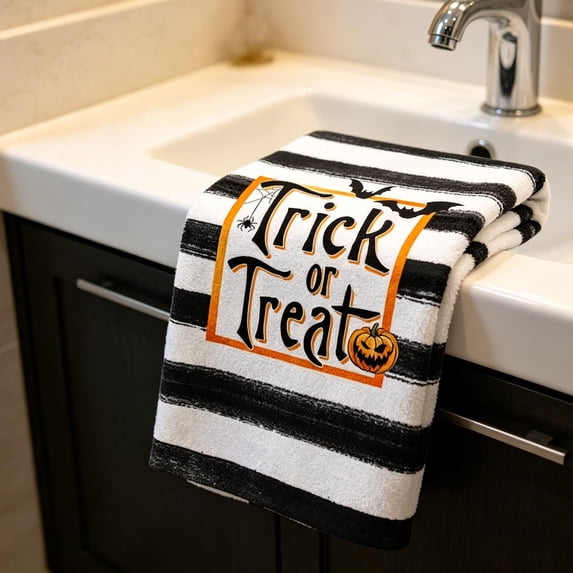Linnome Halloween Hand Towel Absorbent Kitchen Towel Ghost Letter Striped Print for Sink Counter Bathroom Fall Home Decor Gift