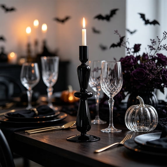 Linnome Halloween Themed Black Glass Candlestick, Elegant Gothic Taper Candle Holder for Table Centerpiece Decor, Spooky Party Ornament and Haunted House Holiday Decoration Gift