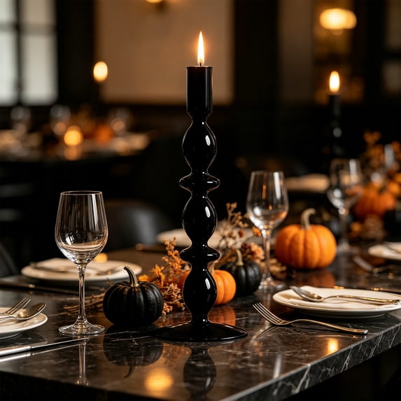 Linnome Halloween Themed Black Glass Candlestick, Elegant Gothic Taper Candle Holder for Table Centerpiece Decor, Spooky Party Ornament and Haunted House Holiday Decoration Gift