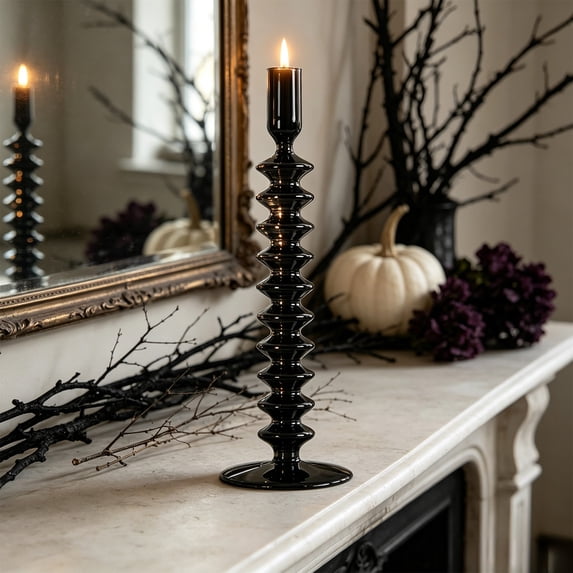 Linnome Halloween Themed Black Glass Candlestick, Elegant Gothic Taper Candle Holder for Table Centerpiece Decor, Spooky Party Ornament and Haunted House Holiday Decoration Gift