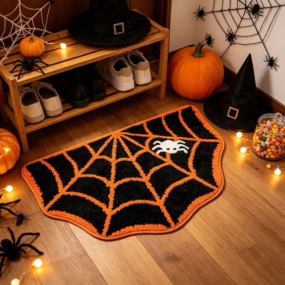 Linnome Halloween Web Floor Mat, Dirt Absorbent Crystal Velvet Bathroom Rug, Non-Slip Indoor Entrance Decoration Door Mat for Home Kitchen Bedroom-Purple and Orange Spooky Spiderweb Decor