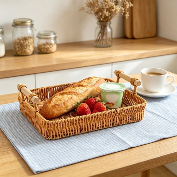 Linnome Hand Woven Rattan Serving Tray Rectangular Decorative Storage Basket with Dual Wooden Handles for Coffee Table Bathroom Counter Cosmetic Fruit Display