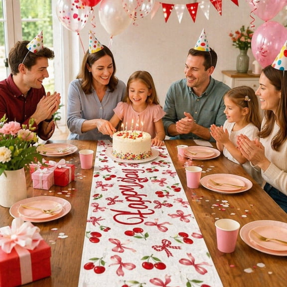 Linnome Happy Birthday Table Runner Linen Party Decorative Tablecloth with Birthday Theme for Party Table Setting Background 72x12.9in Multicolor#02