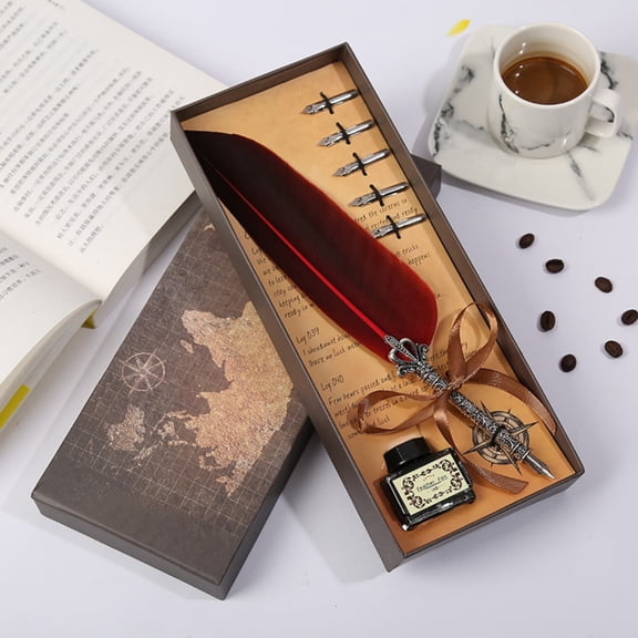 Linnome Map Themed Creative Crown Feather Pen Gift Box for Home Office Use Elegant Writing Pen Set Needs