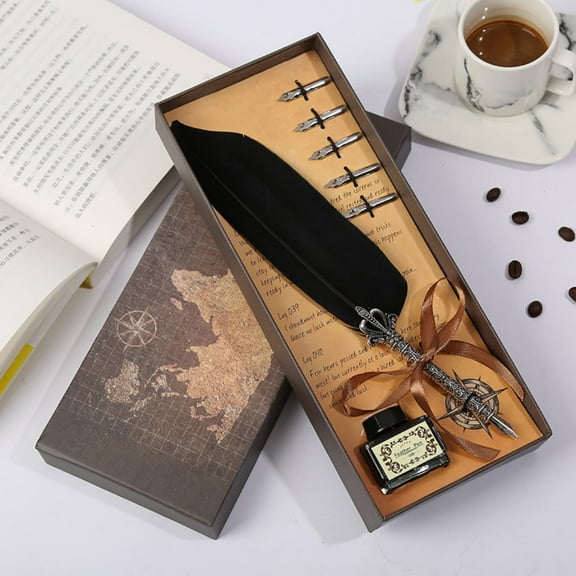 Linnome Map Themed Creative Crown Feather Pen Gift Box for Home Office Use Elegant Writing Pen Set Needs