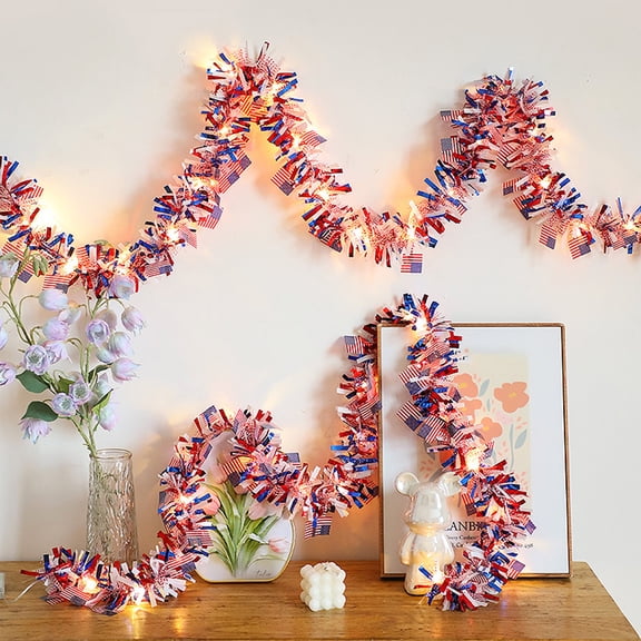 Linnome National Banner Wool Strip Light String Independence Day Copper Line Light Decorative String Red White Blue Star Lights Multicolor 118.11in