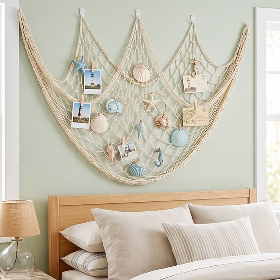 Linnome Nautical Fishing Net Wall Decor with Sea Animal Ornaments - 200x100cm Cotton Rope Photo Hanging Mesh - Coastal Beach Theme Wall Display Net for Bedroom Living Room Party Decor