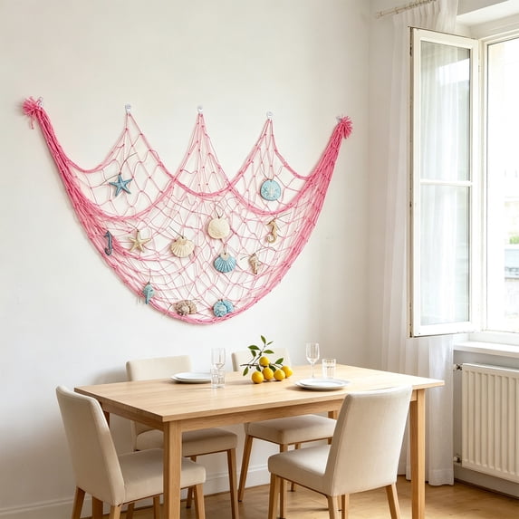Linnome Nautical Fishing Net Wall Decor with Sea Animal Ornaments - 200x100cm Cotton Rope Photo Hanging Mesh - Coastal Beach Theme Wall Display Net for Bedroom Living Room Party Decor