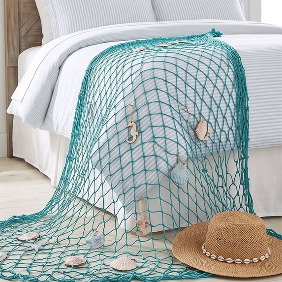Linnome Nautical Fishing Net Wall Decor with Sea Animal Ornaments - 200x100cm Cotton Rope Photo Hanging Mesh - Coastal Beach Theme Wall Display Net for Bedroom Living Room Party Decor