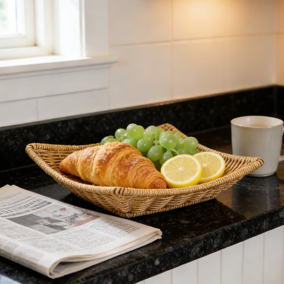 Linnome Plastic Woven Rattan Storage Basket For Bread Fruit Snacks Kitchen Counter Farmhouse Decor Organizer Bin With Handles