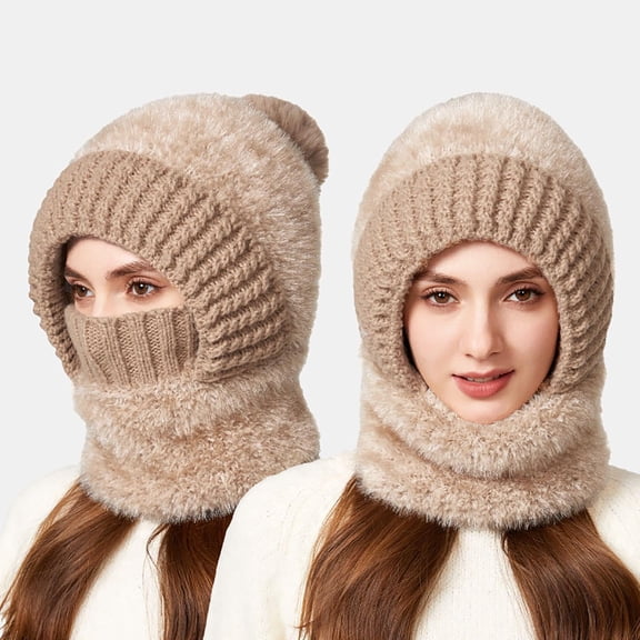 Linnome Plush Hat and Scarf Integrated Knit Cap Warm Winter Accessory for Cold Weather Daily Use and Outdoor Adventures