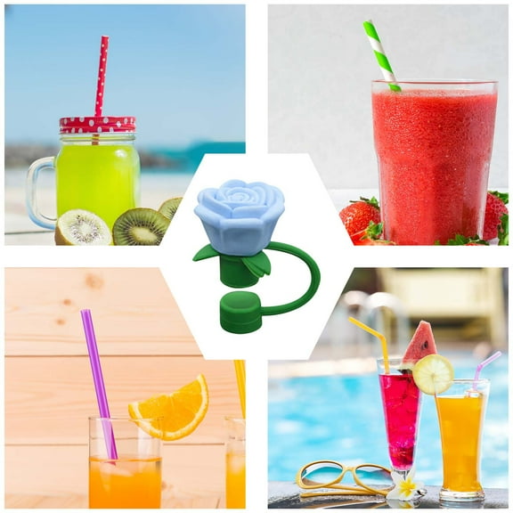 Linnome Rose Shaped Straw Toppers Flower Design for Valentine's Day Party Drinks Festive Beverage Accessory