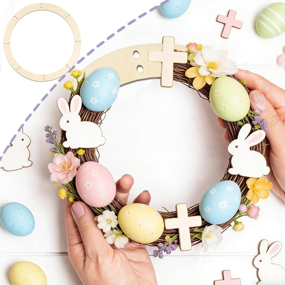 Linnome Round Punched Blank Hollow Wooden Wreath Frame Easter Decor Wreath Home Wall Hanging Craft