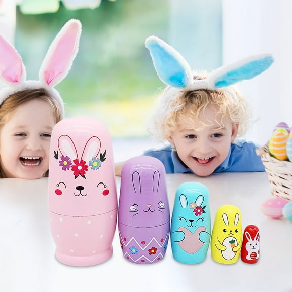 Linnome Russian Nesting Dolls Easter Bunny 5 Layer Set Craft Ornament Home Shelf Tabletop Decor for Indoor Spring Easter Holiday Gift Decoration Supplies