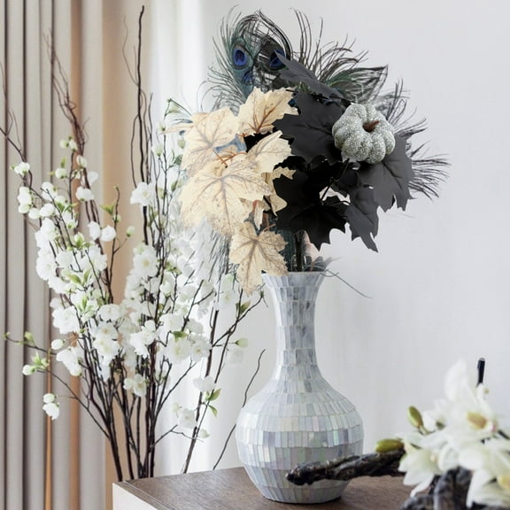 Linnome Simulated White and Gray Pumpkin with Maple Leaf Branch Arrangement, Fall Floral Centerpiece for Halloween, Thanksgiving, and Home Kitchen Table Decor, 11.8x3.9 in